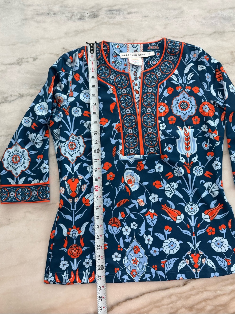 Gretchen Scott Navy Floral Print Tunic Top Orange Trim 3/4 Sleeve Women Size S - Picture 9 of 9